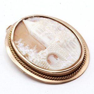 Antique 14K Gold Iridescent Sculpted Castle Cameo Landscape Brooch Pendant